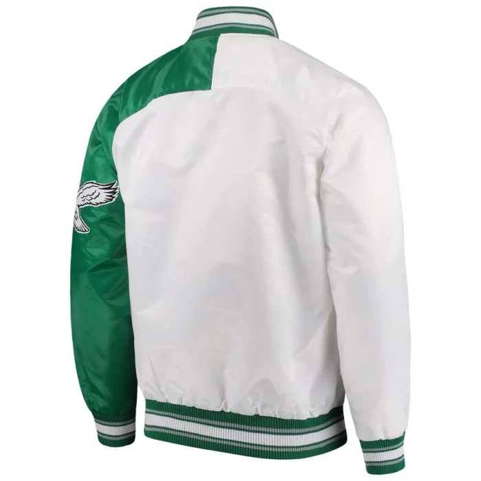 Mens Philadelphia Eagles Start Of Season White And Green Starter Satin Varsity Jacket