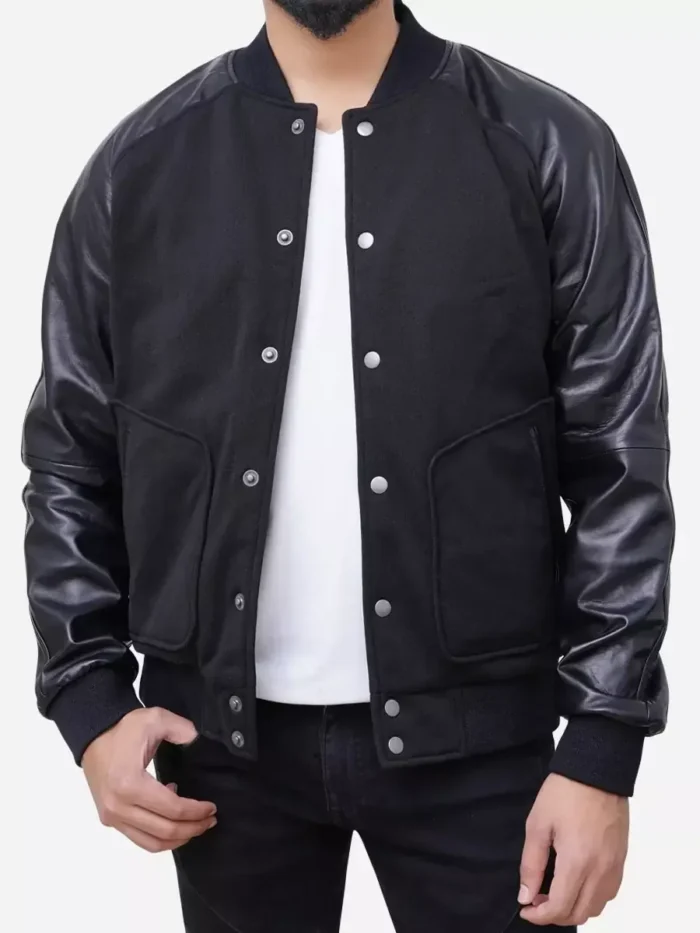 Mens Wool Blended Baseball Letterman Leather Sleeves Varsity Jacket