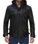 Johnson Mens Quilted Black Hooded Leather Jacket