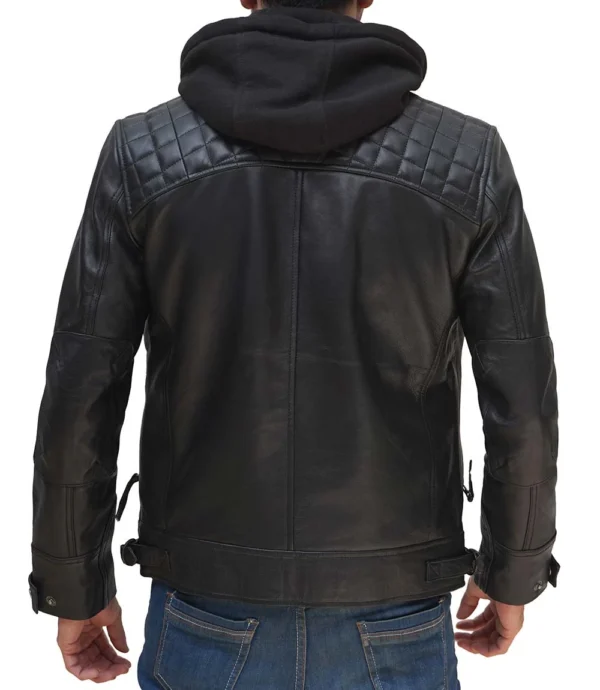 Johnson Mens Quilted Black Leather Jacket with Detachable Hood