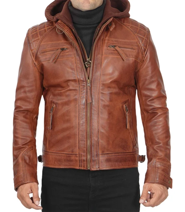 Johnson Mens Quilted Tan Leather Jacket with Detachable Hood