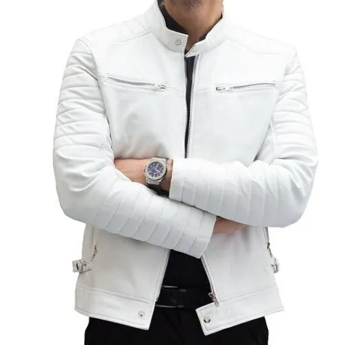 Men’s All White Cafe Racer Biker Leather Jacket