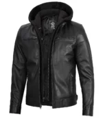 Men's Black Leather Jacket With Removable Hoodie