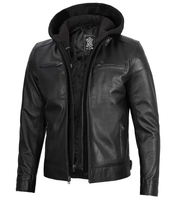 Men's Black Leather Jacket With Removable Hoodie