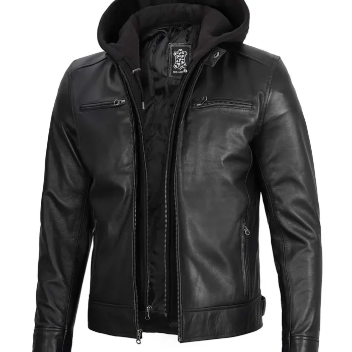 Men's Black Leather Jacket With Removable Hoodie