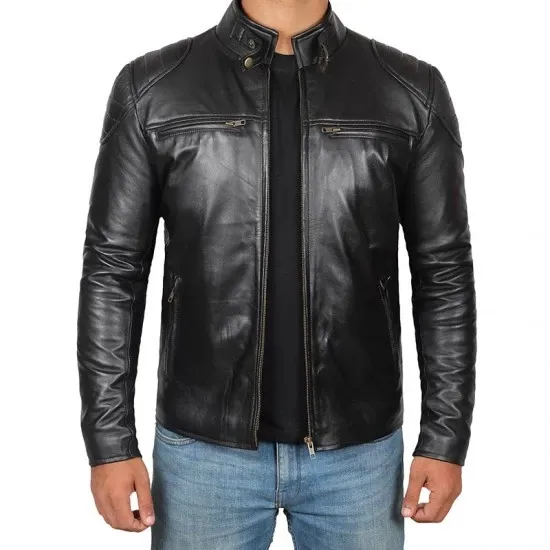 Mens Cafe Racer Black Real Leather Jacket