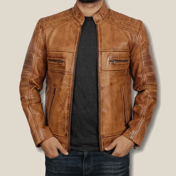 Men's Distressed Tan Cafe Racer Real Leather Jacket