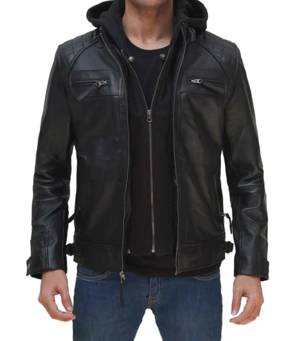 Mens Johnson Quilted Black Hooded Leather Jacket