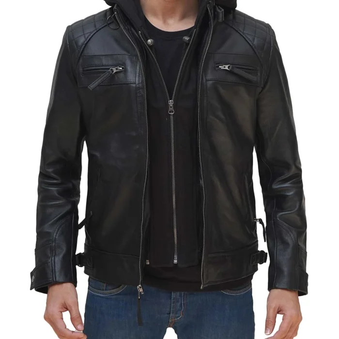 Mens Johnson Quilted Black Hooded Leather Jacket