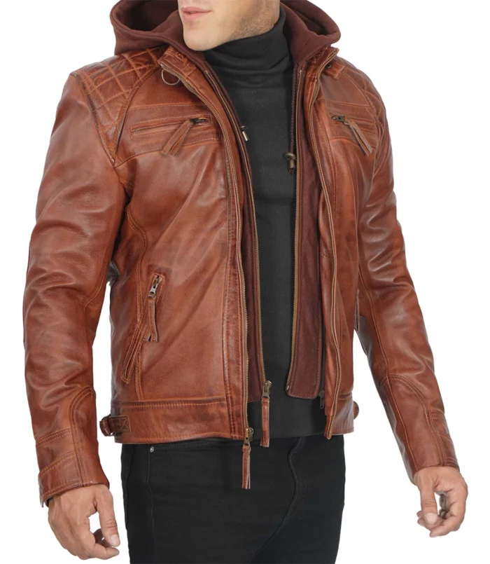 Mens Johnson Quilted Tan Hood Leather Jacket