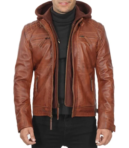 Mens Johnson Quilted Tan Hooded Leather Jacket