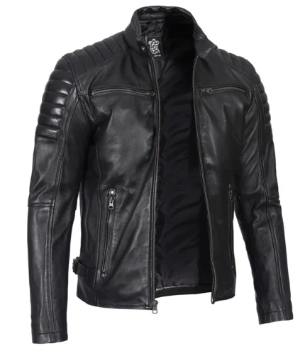 Mens Premium Cafe Racer Black Leather Jacket
