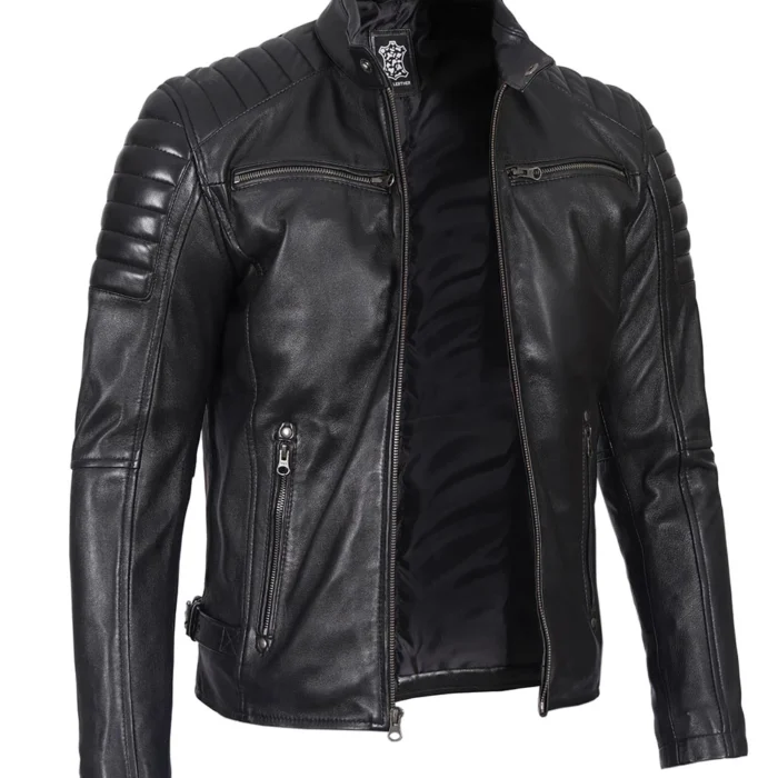 Mens Premium Cafe Racer Black Leather Jacket