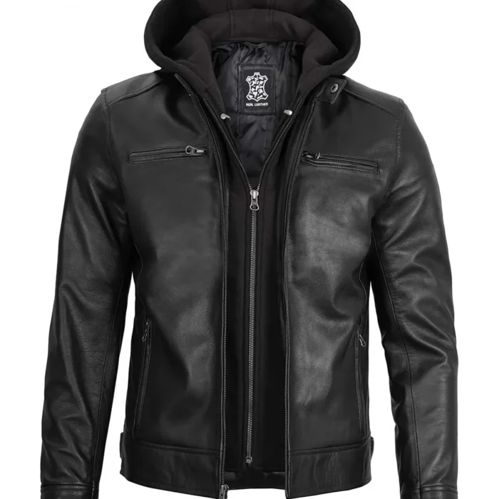 Men's Removable Hoodie Black Leather Jacket