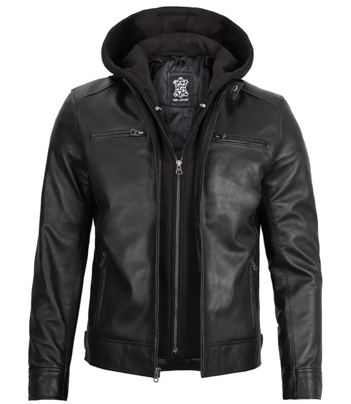 Men's Removable Hoodie Black Leather Jacket