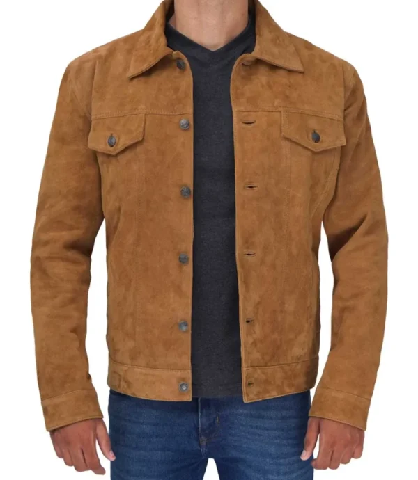 Mens Tan Suede Leather Trucker Jacket