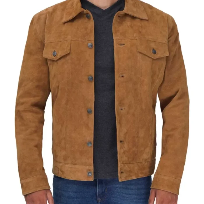 Mens Tan Suede Leather Trucker Jacket