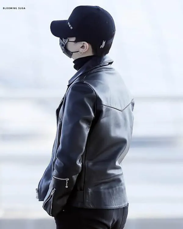 South Korean BTS Suga Black Biker Leather Jacket