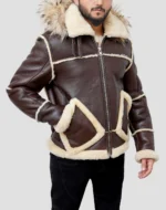 B3 Aviator Bomber Flight Fur Collar Hooded Brown Leather Jacket