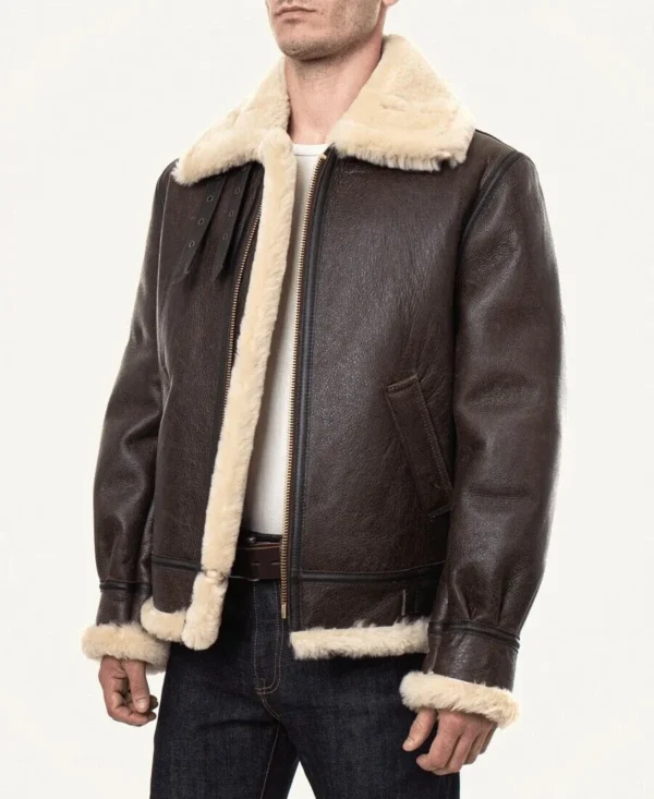 B3 Aviator Brown Sherling Fur Bomber Leather Jacket