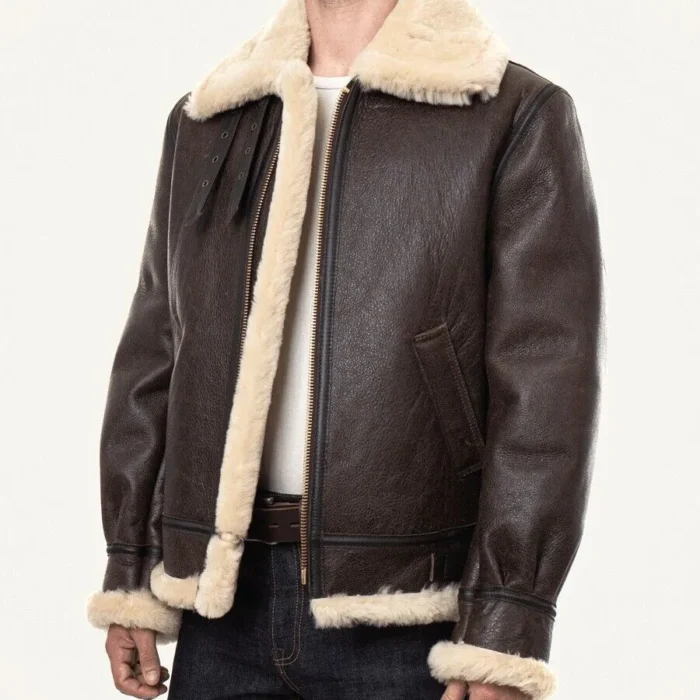 B3 Aviator Brown Sherling Fur Bomber Leather Jacket