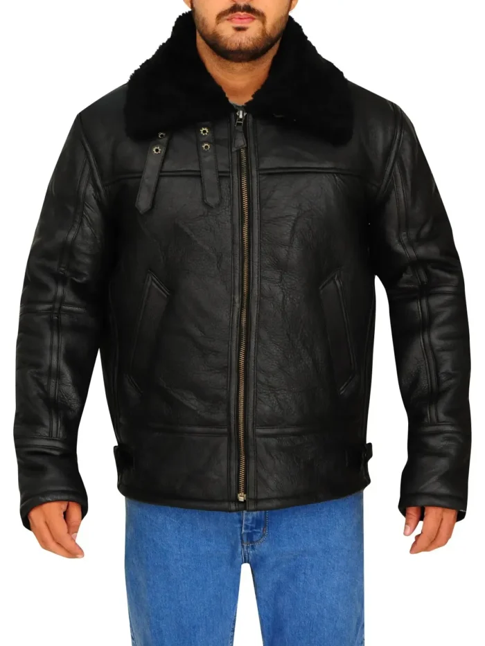 B3 Aviator Flight Shearling Fur Black Bomber Leather Jacket