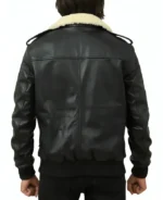 Men Black Bomber Shearling Collar Leather Jacket