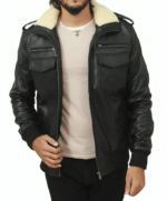 Men Black Bomber Shearling Leather Jacket