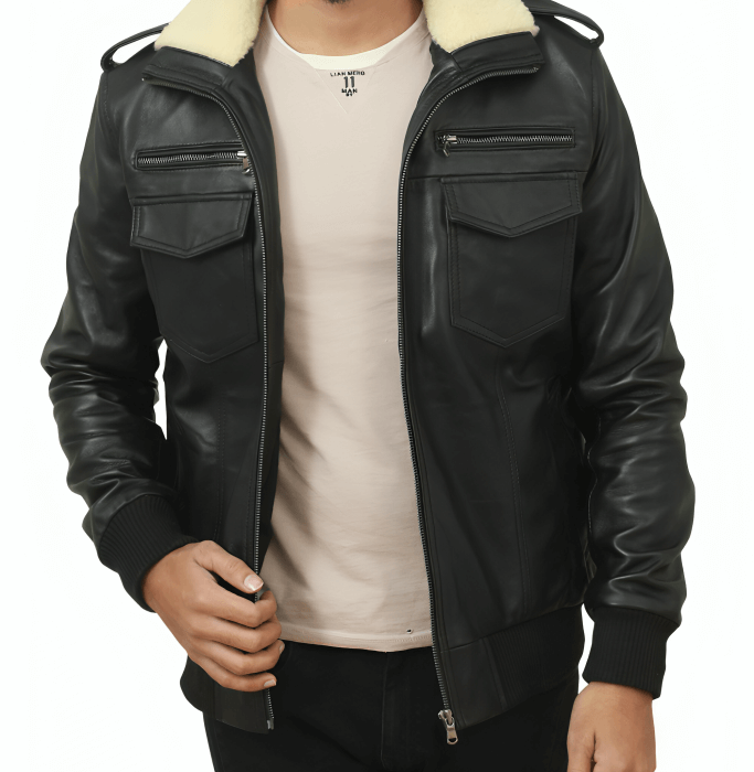 Men Black Bomber Shearling Leather Jacket