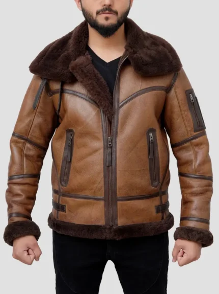 Men Cognac Winter Shearling Bomber Brown Leather Jacket
