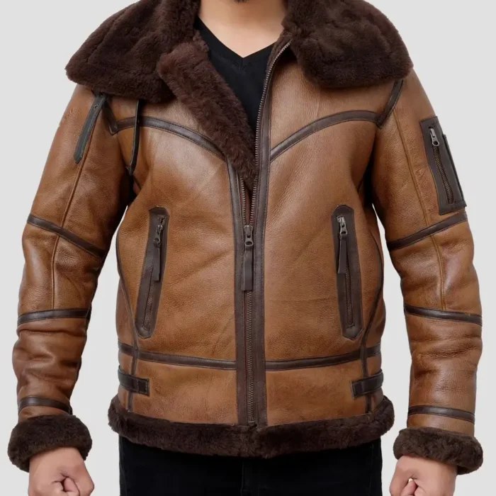 Men Cognac Winter Shearling Bomber Brown Leather Jacket