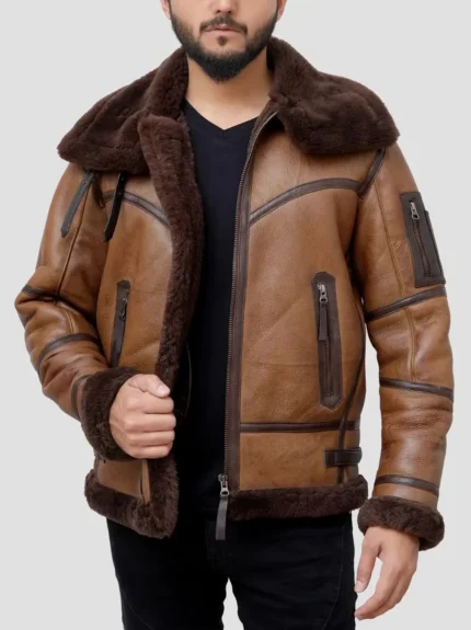 Men Cognac Winter Shearling Bomber Brown Real Leather Jacket