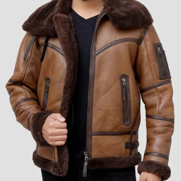 Men Cognac Winter Shearling Bomber Brown Real Leather Jacket