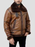 Men Cognac Winter Shearling Bomber Real Leather Jacket