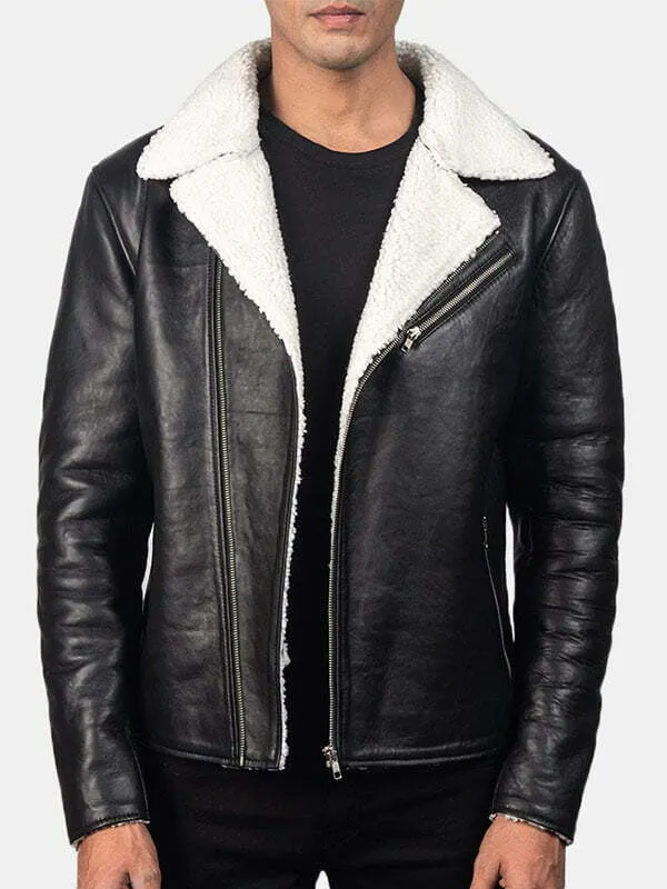 Mens Alberto White Shearling Black Leather Jacket For Sale