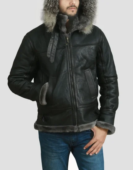 Mens Aviator Shearling Fur Black Hooded Jacket