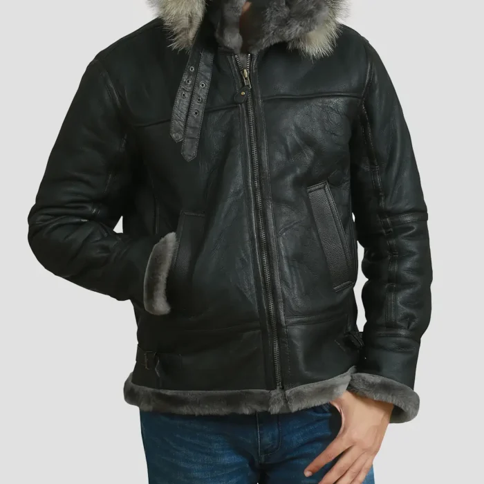 Mens Aviator Shearling Fur Black Hooded Jacket