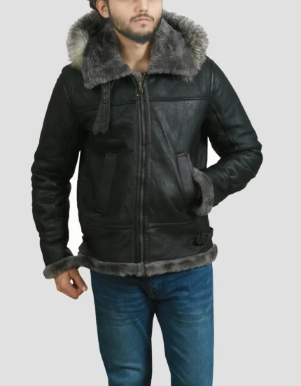 Mens Aviator Shearling Fur Black Hooded Leather Jacket