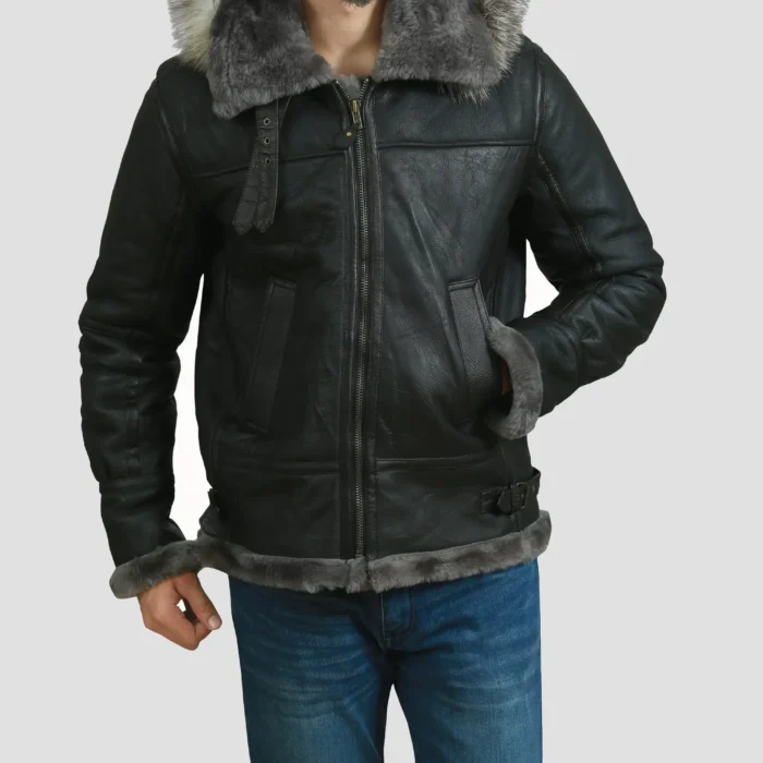 Mens Aviator Shearling Fur Black Hooded Leather Jacket