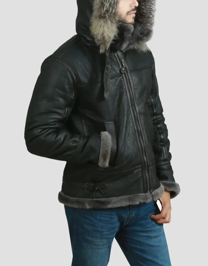 Mens Aviator Shearling Fur Hooded Leather Jacket