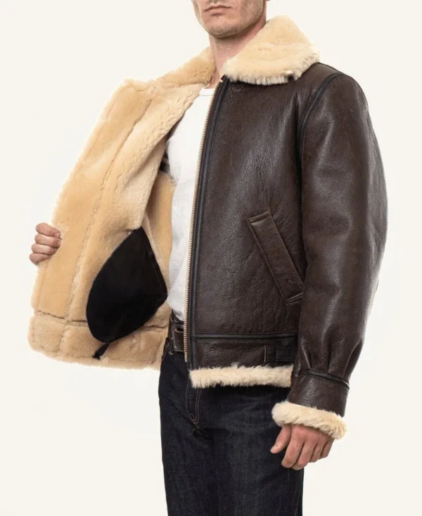 Mens B3 Bomber Aviator Sherling Fur Collar Leather Jacket