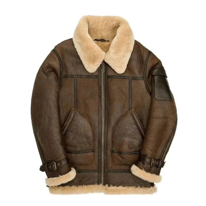 Mens B3 Flying Aviator Shearling Sheepskin Brown Leather Jacket