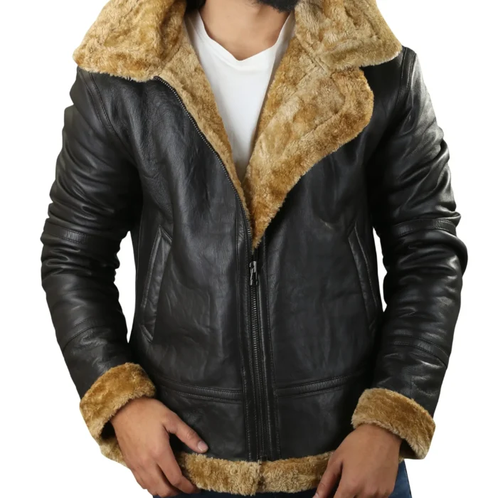 Mens B3 RAF Aviator Black Bomber Shearling Hooded Leather Jacket