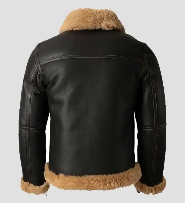 Mens B3 Sheepskin Shearling Belted Black Leather Jacket