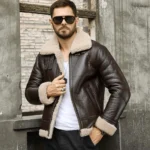 Mens Bomber Authentic Brown Real Shearling Leather Jacket