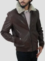 Mens Bomber Shearling Collar Dark Brown Real Leather Jacket