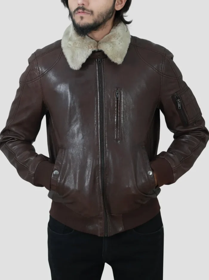Mens Bomber Shearling Dark Brown Leather Jacket