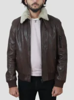 Mens Brown Shearling Collar Leather Jacket