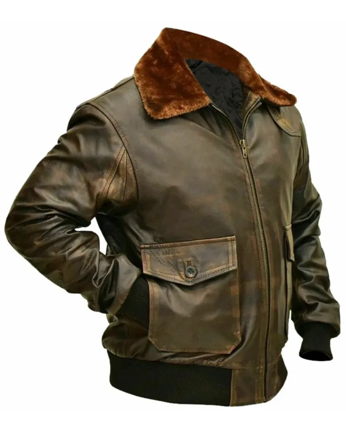 Mens G-1 Distressed Fur Collar Bomber Leather Jacket