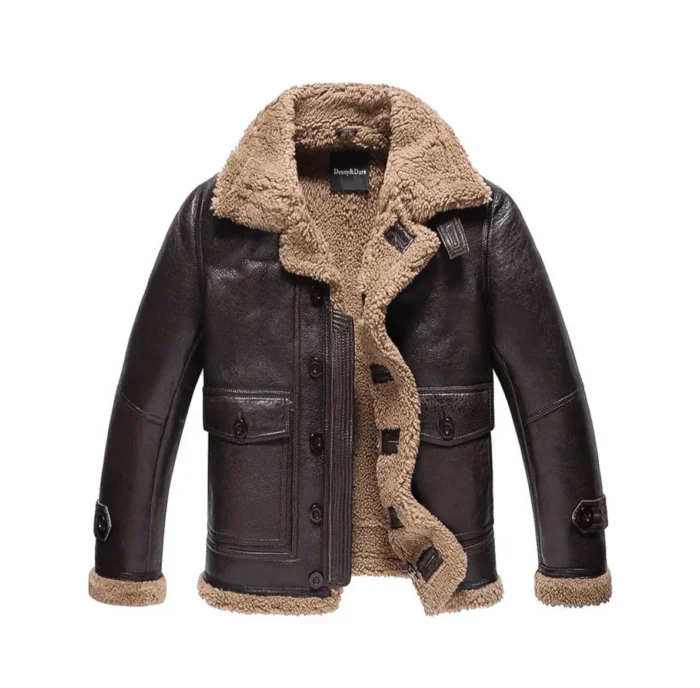 Men’s Shearling Fur Lambskin Brown Bomber Leather Jacket